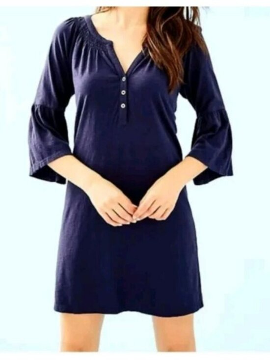 Lilly Pulitzer Dresses & Skirts - Lilly Pulitzer Womens Navy Blue Pima Cotton Bell Sleeve Tunic Dress Size Small